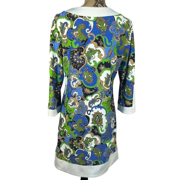 Jude Connally Sz L Dress Multicolor Paisley Print 3/4 Sleeves V-Neckline - Picture 2 of 7